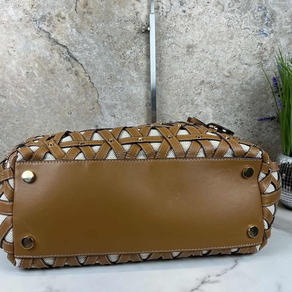 Michael‎ Kors Brooklyn Brown Gold Studded Woven Leather Canvas Shoulder Bag - Picture 8 of 16